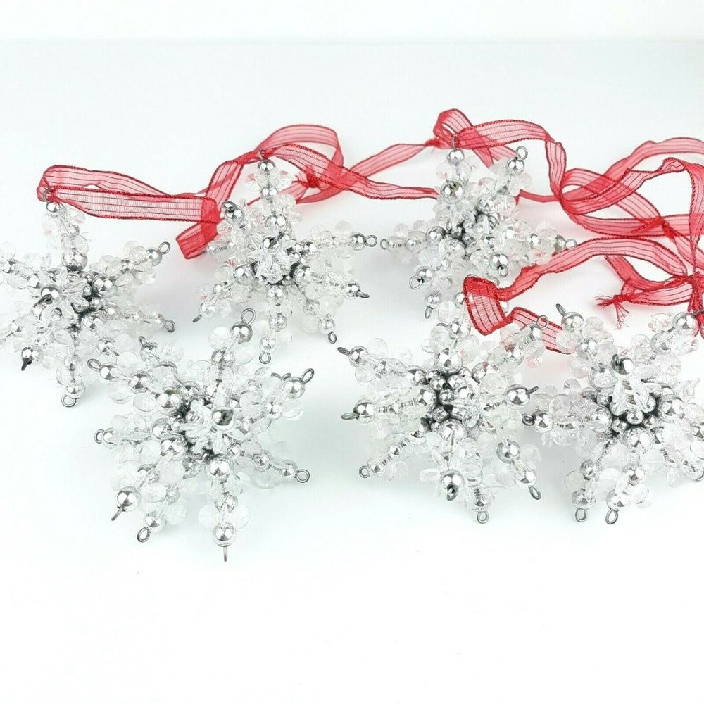 Beaded Snowflake Christmas Ornaments Silver Clear Set Of 6